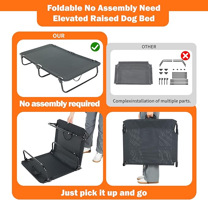 Elevated Dog Bed for Large Pet with No-Slip Feet, Foldable Portable Washable Raised Bed for Indoor&Outdoor Camping Dog Cot, with Cooling Waterproof Breathable Mesh (Medium, Black-Textilene)-PawvioPets