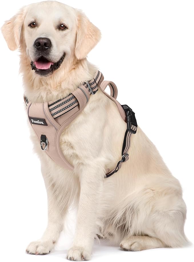 Funfox Dog Harness No Pull, Adjustable Pet Vest Harness, Super Soft Material with Vertical Handle Easy Control, Reflective Night Walking, 2 Leash Clips for Large Dogs, Brown, L-PawvioPets