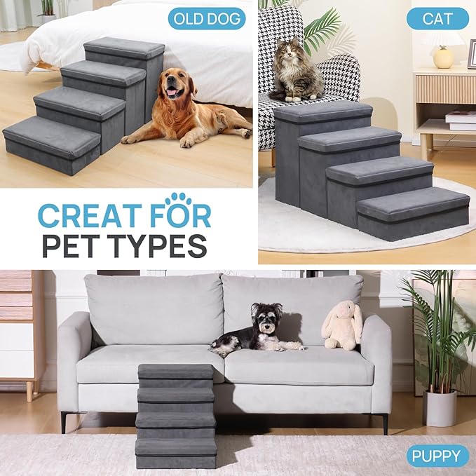 Foldable Dog Stairs 4 Tier Pet Steps, for Small Medium Dogs Pet Steps Storage Stepper for High Beds Sofa (4 Step)-PawvioPets
