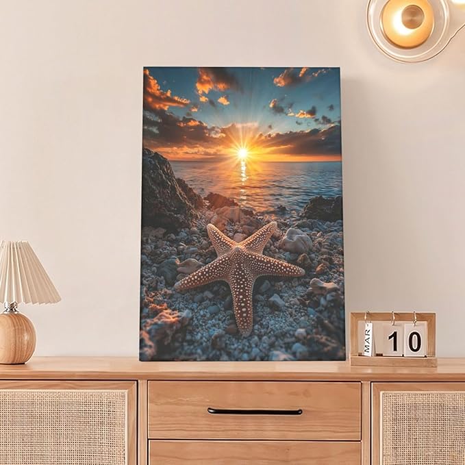 Beach Starfish Wall Decor Ocean Starfish Wall Art Sunset Scenery Coastal Theme Pictures Canvas Nature Seascape Painting Print Framed Artwork Decorations for Home Bathroom Living Room Bedroom Office 16"x24"-PawvioPets