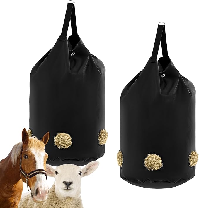 2 Pcs hay Bags for Horses Goats Slow Feed 1680D Oxford Bag Black Large Capacity Net Open Feed Hole Hay Holder for Horse Goats Sheep(5 Holes)-PawvioPets