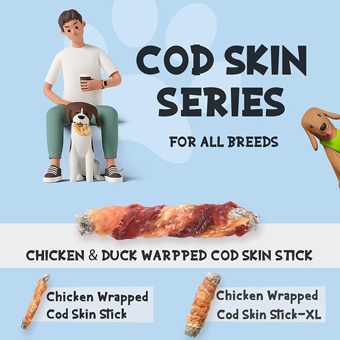 ASMPET Dog Treats Chews, Chicken & Duck Wrapped Cod Skin Sticks, Rawhide Free Cod Skin Treats for Dogs 10.6 oz-PawvioPets