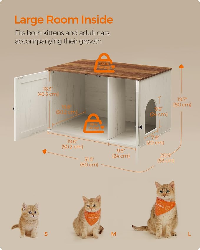 Feandrea Cat Litter Box Enclosure, Litter Box Furniture Hidden with Removable Divider, Indoor Cat House, End Table, 31.5 x 20.9 x 19.7 Inches, Honey Brown and Rustic White UPCL002P01-PawvioPets