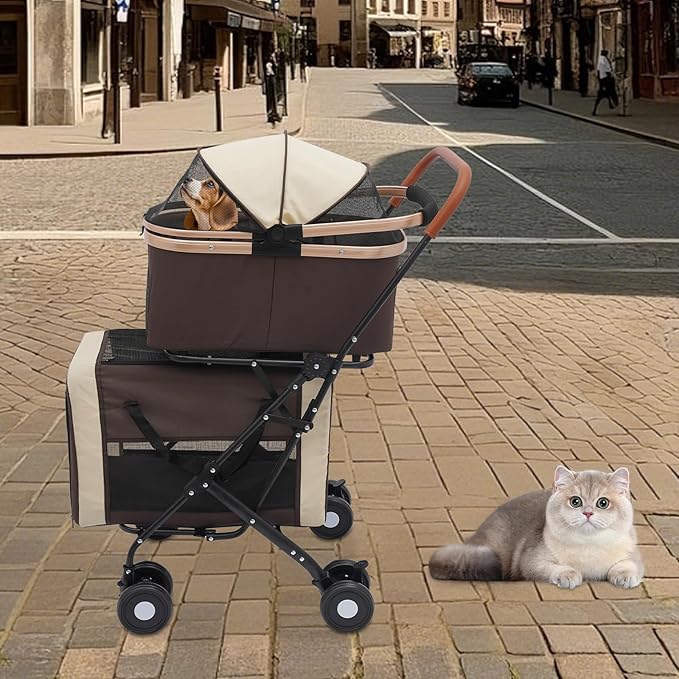 Double Pet Stroller with Detachable Carriers, Large Cat & Dog Stroller with 4 Wheels, Foldable Pet Strollers Small & Medium Dogs Cats 77lbs (Coffee Color)-PawvioPets