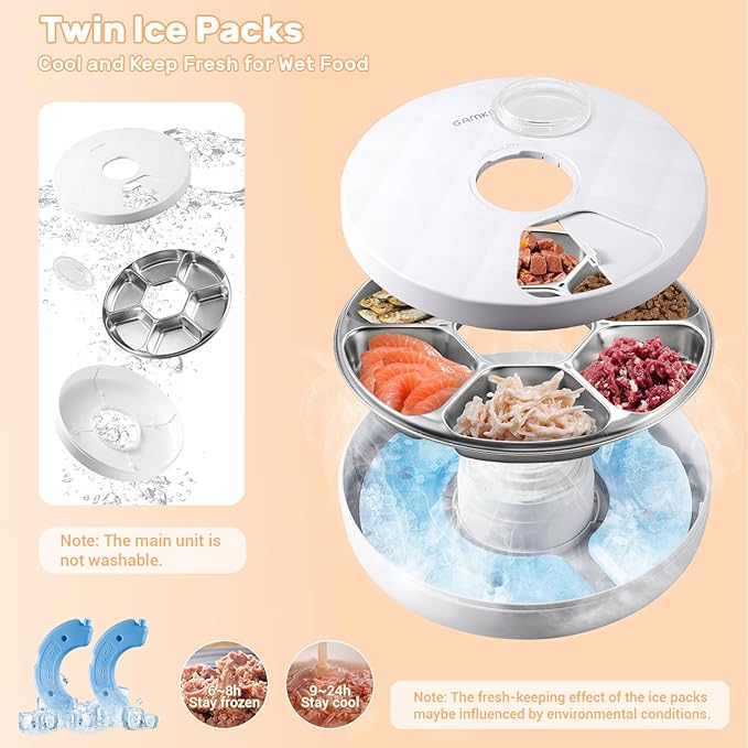Automatic Cat Feeder Wet Food, Battery Operated Auto Feeder with 2 Ice Packs, Digital Cordless Pet Fresh Food Bowl with Timer and Memory Function for Cats Small Dogs (6-Meal Stainless Steel)-PawvioPets