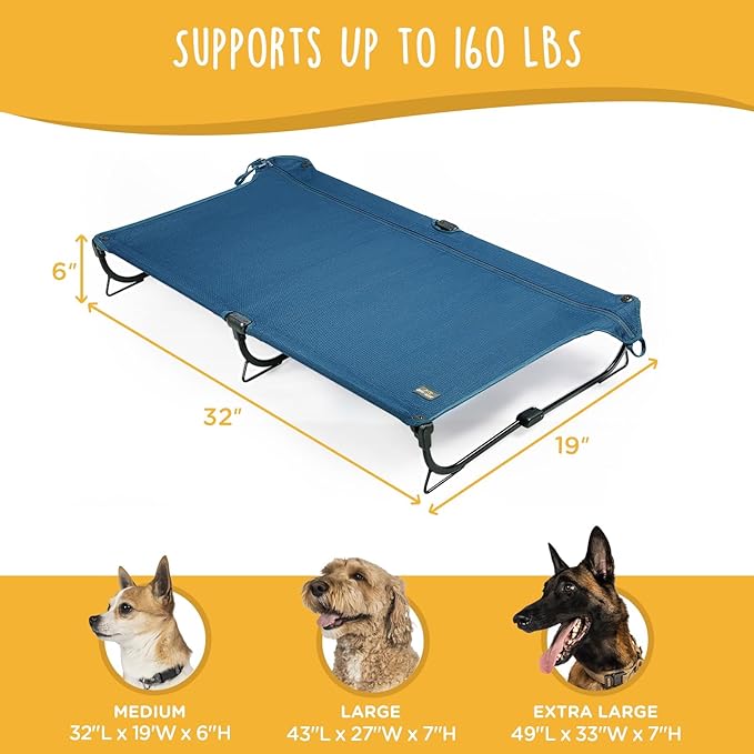 Daisy Cot, Medium Foldable Elevated Dog Bed, Portable Raised Outdoor Folding Dog Cot, Cooling, Chew Proof, Waterproof, Heavy Duty Up to 160 Lbs for Camping/Home, Dark Blue, 32"x 19"x6"-PawvioPets