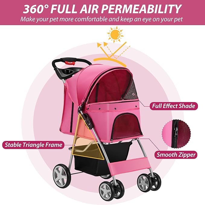 4 Wheels Pet Stroller for Small Medium Dogs Cats 10-33 lbs, Foldable Dog and Cat Stroller with Cup Holder & Storage Basket & Breathable Mesh, Pet Strolling Cart for All-Season, Pink-PawvioPets