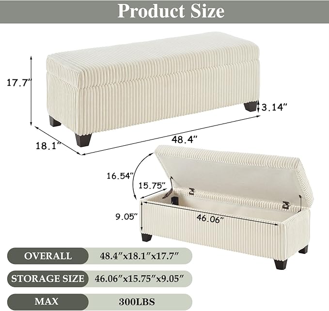48" Ottoman with Storage, Corduroy Storage Ottoman Bench for Bedroom, End of Bed Bench with Safety Hinge for Living Room, Bedroom, Entryway, White-PawvioPets