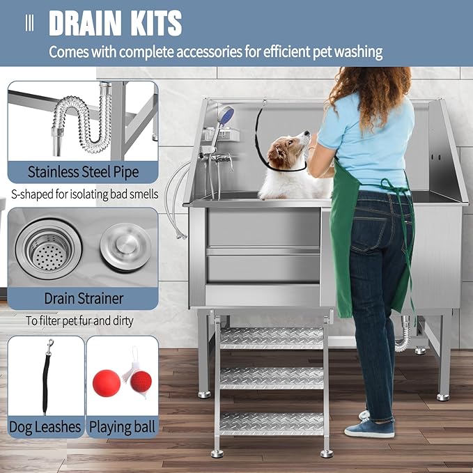 50" Dog Washing Station, Professional Stainless Steel Dog Bathing Station, Equipped/W Three Anti-Slip Steps, Removable Door, Upgraded Spray Nozzle&Hose - for Home, Pet Grooming Salon (50" Left ramp)-PawvioPets