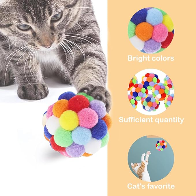 9PCS Cat Toy Balls, 1,75'' Soft Pom Pom Ball for Kittens, Colorful Soft Fuzzy Balls Built-in Bell for Cats, Interactive Playing Chewing Toys for Indoor Cats and Kittens, Cute Kitten Kitty Toys-PawvioPets