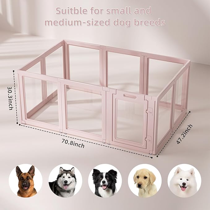 DIY Clear Acrylic Dog Playpen House,Quick Easy Assembly and Disassembly,Strong Floor Suction,Indoor and Outdoor Use,Easy Cleansing Puppy Fence (Skin Pink, 30.3" H, 10PCS)-PawvioPets