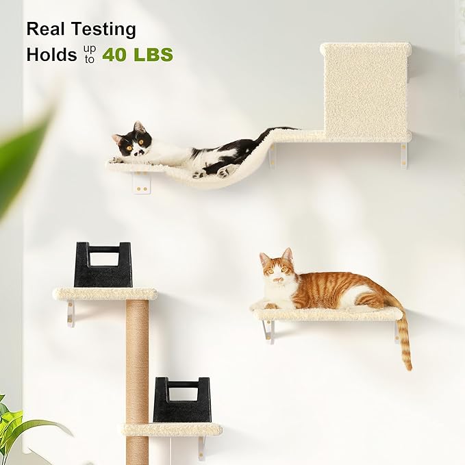 FUKUMARU Cat Wall Shelves, Stable & Safe 4 in 1 Large Cat Walls Furniture Set, Wooden Kitten Climbing Wall with Scratching Post for 16 Inch Drywall - Beige-PawvioPets