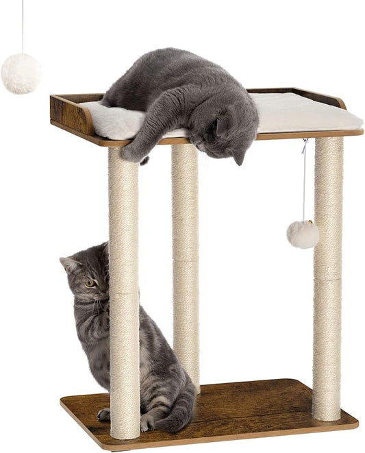 FourFurPets 26.7in Large Cat Tree Tower Condo, Cat Scratch Posts for Indoor Cats, Big Plate, Three 23.6in Full Sisal Scratching Posts, Rustic Brown-PawvioPets
