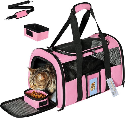 Cat Carriers Soft Side Carrier for Kitten Puppy Collapsible Travel Pet Carrier TSA Airline Approved Cat Carrier Bag for Under 15 lbs Pets, Pink-PawvioPets