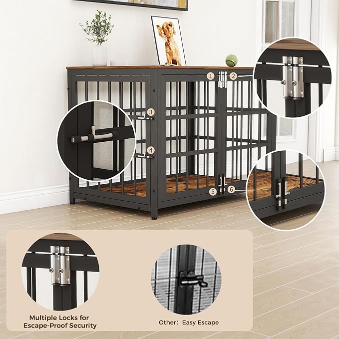 38 Inch Heavy Duty Wooden Dog Kennel End Table with Double Door Design and Secure Locks, Indoor Pet Crate Furniture for Medium Dogs, Decorative Home Cage Design,Aged Black-PawvioPets