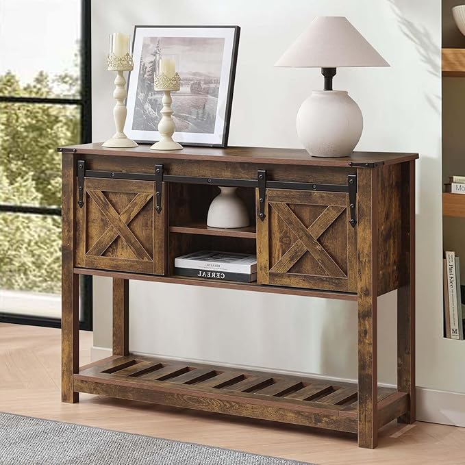 Entryway Table with Storage, Farmhouse Buffet Cabinet Coffee Bar Kitchen Island with Sliding Barn Doors & Shelves, Console Table for Kitchen, Dining Room, Living Room, Brown-PawvioPets