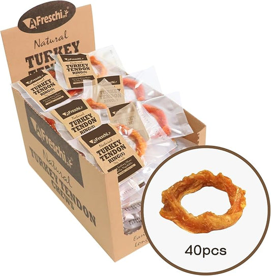 Afreschi Natural Turkey Tendon Ring (S) 40 Units/Box, Dog Treats for Signature Series, All Natural Human Grade Puppy Chew, USA-Sourced Turkey Tendon, Hypoallergenic, Rawhide Alternative-PawvioPets