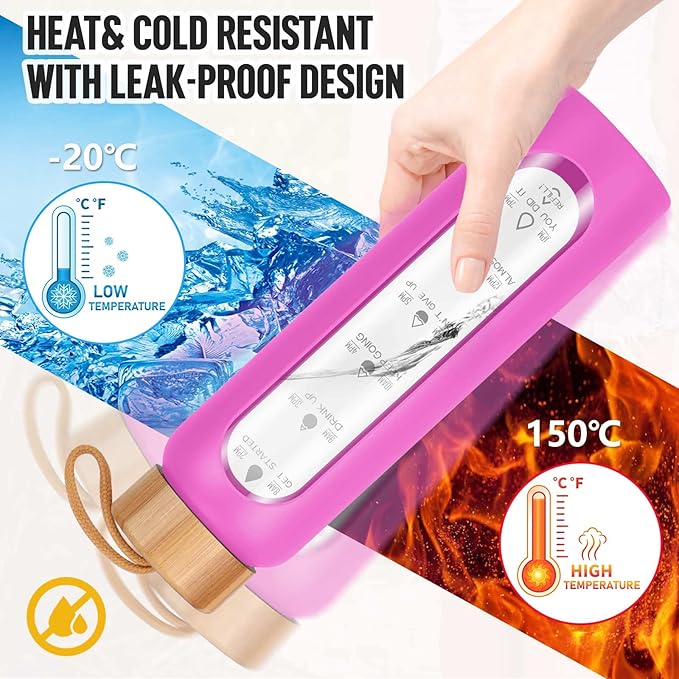 Aqulea Glass Water Bottles 32 Oz with Silicone Sleeve - BPA Free Reusable Wide Mouth Glass Motivational Water Bottles with Fruit Infuser – Leak Proof Borosilicate Water Bottle with Time Marker (Rose)-PawvioPets