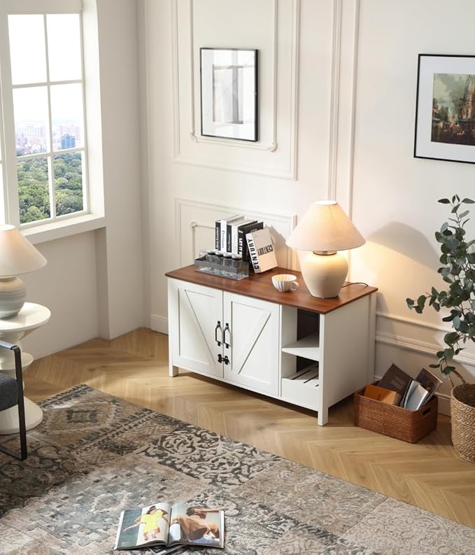 41.3'' Cat Litter Enclosure,Adjustable Shelf for Dog Proof and Storage,Locks Added for Cat, Litter Collector,Small Indoor Cat House,Antique White-PawvioPets