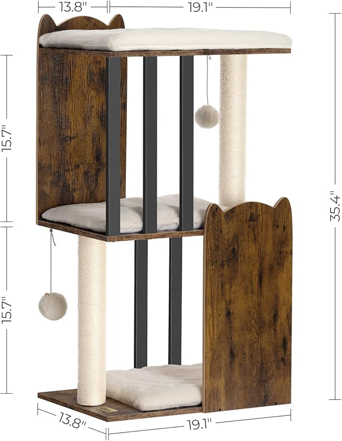 FourFurPets 35.4in 3-Tier Modern Cat Tree Tower Condo, Cat Scratch Posts for Indoor Cats, Big Plate, Two Full Sisal Scratching Posts, Rustic Brown-PawvioPets