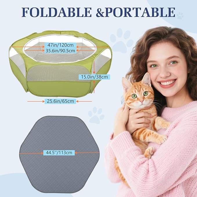 2-in-1 Small Animals Playpen with Pad, Waterproof Small Pet Cage Tent with Reusable Pad, Portable Outdoor Yard Fence with 3 Metal Rod for Chick/Kitten/Puppy/Guinea Pig/Rabbits/Chinchillas, Green-PawvioPets