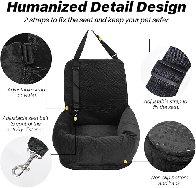 Dog Car Seat for Small Medium Dogs Up to 40lbs, Detachable Washable Soft Pet Booster Travel Bed for Front & Black Seat with Safety Leash Belt-PawvioPets