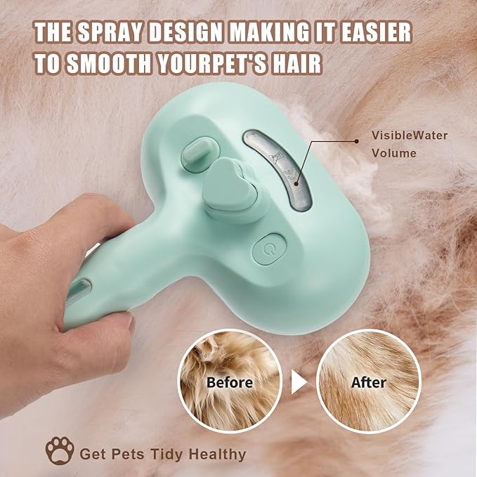 3-in-1 Pet Steam Brush, Grooming Comb with Water Tank for Cats and Dogs, Long and Short Hair (Green)-PawvioPets