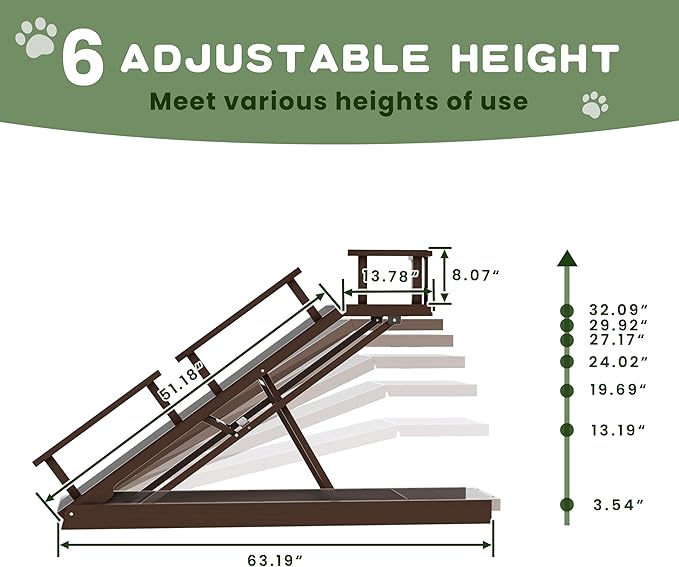 6 Level Height Adjustable Dog Ramp for Bed, Couch 65" Foldable Pet Ramp with Non-Slip Mat，DIY Glow Strips & Rest Platform Heavy Duty Dog Stairs for Large Dogs up to 200Lbs ，Brown-PawvioPets
