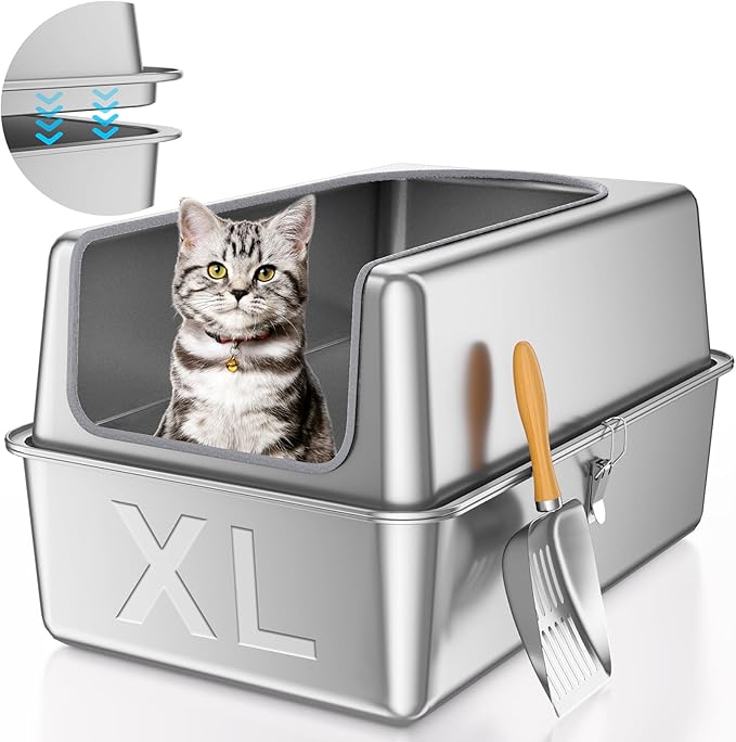12'' High Sides XL All Stainless Steel Cat Litter Box with Lid,Deep Metal Litter Box for Big Cats,Extra Large Litter Boxes with High Wall Enclosure,Anti-Leakage,Never Absorbs Odors,Non-Sticky Surface-PawvioPets