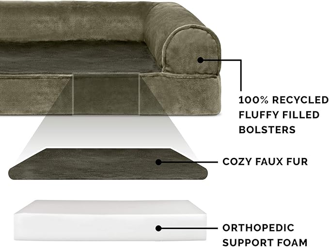 Furhaven Orthopedic Dog Bed for Large Dogs w/ Removable Bolsters & Washable Cover, For Dogs Up to 125 lbs - Faux Fur & Velvet Sofa - Dark Sage, Jumbo Plus/XXL-PawvioPets