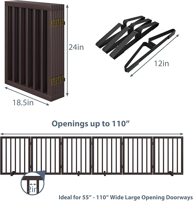 Dog Gates for The House Doorways Extra Wide 110 Inches Wood Freestanding Pet Gates for Dogs Indoor Fence with Support Stands-PawvioPets