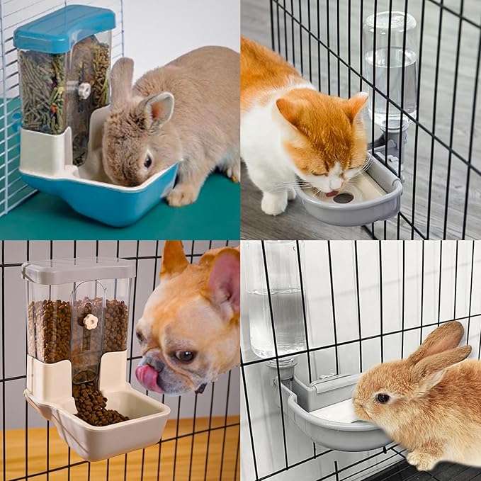 Automatic Pet Food Water Dispenser, Auto Gravity Pet Feeder Water Bottle Set for Crate, Feeding Station for Small Dog Cat Rabbit Guinea Pigs Chinchilla Ferret Hedgehog (Gray)-PawvioPets