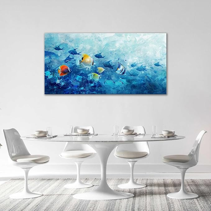 Extra Large Wall Art Tropical Fish Canvas Living Room Pictures Framed Prints Ocean Blue Oversize Wall Decor Animal Painting Artwork for Bedroom Dining Office Home 60"x30"-PawvioPets