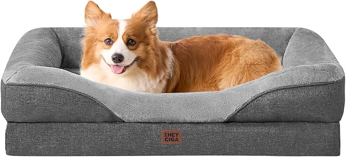 EHEYCIGA Memory Foam Dog Bed for Medium Size, Orthopedic Dog Sofa with Sides and Waterproof Liner, Washable Bolster Pet Couch with Removable Cover, 35x22x6.5 Inch, Grey-PawvioPets