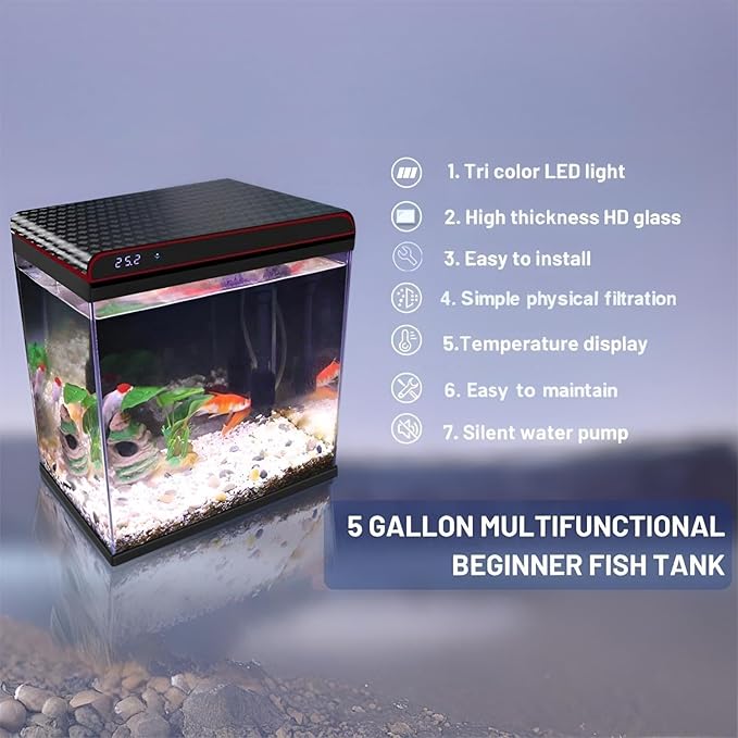 5 Gallon Glass Fish Tank Aquarium Starter Kit - Self-Cleaning, Ultra-Quiet Filter Pump, 3-Color LED Lights, Smart Temp Monitoring for Betta Fish, Shrimp, Kids Gift-PawvioPets