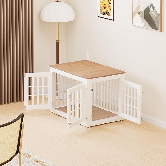 32" Heavy Duty Dog Crate Furniture for Small,Medium and Large Dogs,Rustic Wooden Dog Cage Kennel Indoor Furniture with Waterproof Top,Decorative Pet House Side End Table (White & Wood)-PawvioPets