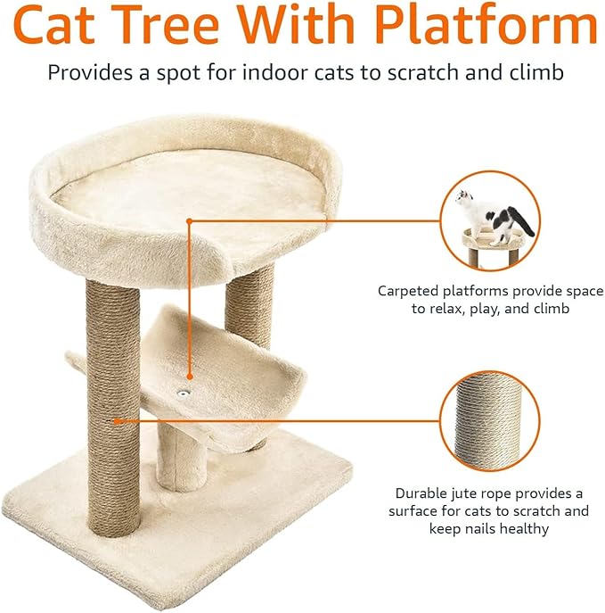 Amazon Basics Multi- Platform Cat Tree with Scratching Post for Indoor Cats up to 25lbs, 18 x 14 x 22 Inches, Beige-PawvioPets