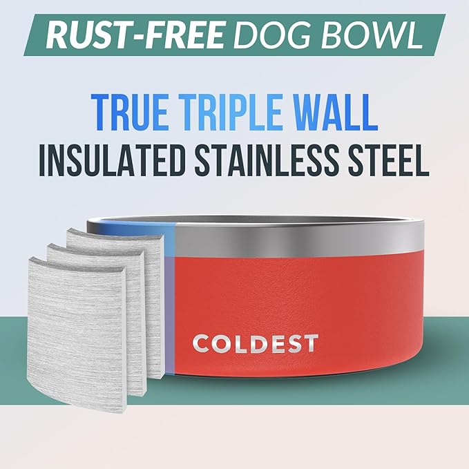 Coldest Dog Bowl - Anti Rust Metal, Non Slip, 3 Layers Insulated Stainless Steel Dog Bowls - Spill Proof & Heavy Duty - Water Bowl for Dogs, Cats & Pets, Dish Washer Safe (100 oz, Crimson Red)-PawvioPets