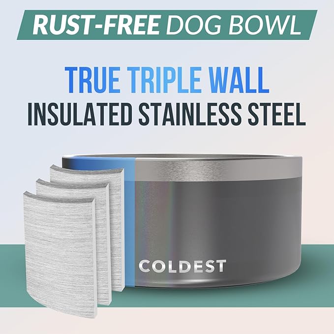 Coldest Dog Bowl - Anti Rust Metal, Non Slip, 3 Layers Insulated Stainless Steel Dog Bowls - Spill Proof & Heavy Duty - Water Bowl for Dogs, Cats & Pets, Dish Washer Safe (200 oz,Stardust Glitter)-PawvioPets