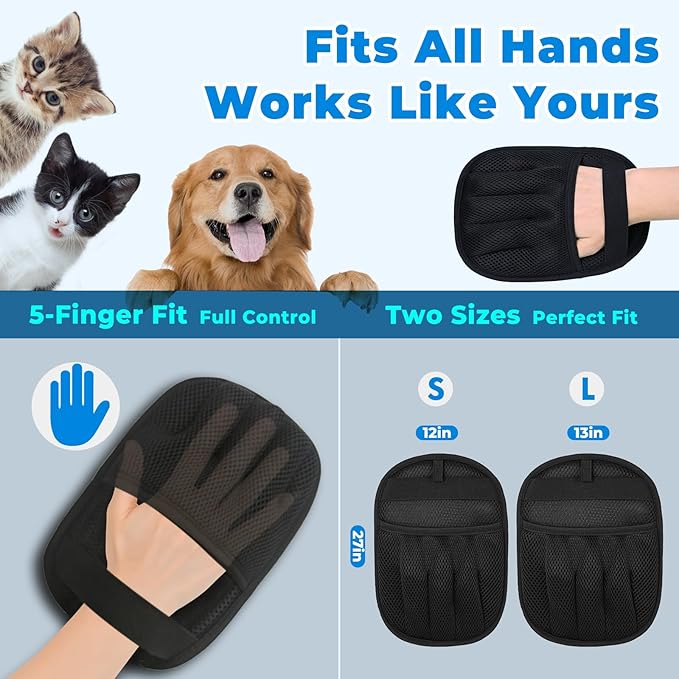 2Pcs Pet Hair Removal Gloves Kit (2 Sizes) for Dogs & Cats, 2025 Newly Upgraded Five-Finger Electrostatic Pet Hair Gloves, Reusable Pet Hair Remover Tools for Clothing, Carpet, Sofa Gaps, Car Seat-PawvioPets