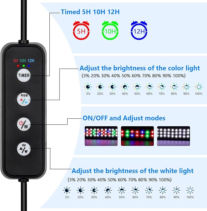 AQQA Aquarium Light,Full Spectrum Fish Tank Light for Plants,3 Mode+Timer+Adjustable Brightness,High Brightness LED Beads with Extendable Brackets for Freshwater (36W for 48-55inch)-PawvioPets
