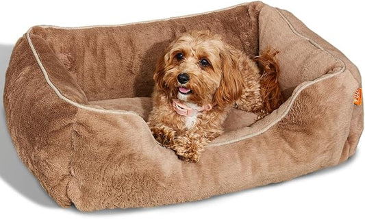 FUZI Luxury Aesthetic Dog Bed for Small Dogs with Washable Cover, Pet Couch, Pet Bed with Sides, Non-Slip Bottom, Soft and Durable Calming Dog Bed, Faux Rabbit Fur, Small 25.1x16.75x9.5 Light Brown-PawvioPets