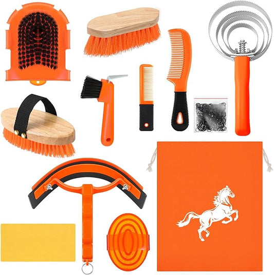Abbylike 12 Pieces Horse Grooming Kit Racing Festival Tack Room Supplies Horse Brush Sets Equine Care Cleaning Kit Shedding Grooming Massaging Tools(Orange)-PawvioPets