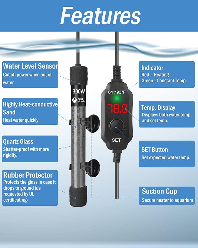 AquaMiracle Adjustable 300W Aquarium Heater Submersible Fish Tank Heater Super Short Aquarium Heater with LED Digital Display Thermostat, for Tanks 40-60 Gallons-PawvioPets