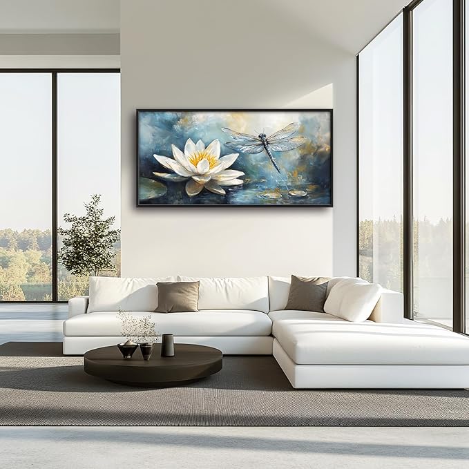 Extra Large Lotus Dragonfly Framed Wall Art for Living Room,Abstract Blue Lotus Flower Lake Pictures Wall Decor,Nature Canvas Print Painting Modern Artwork Bedroom Office Bathroom 60L" x 30W"-PawvioPets