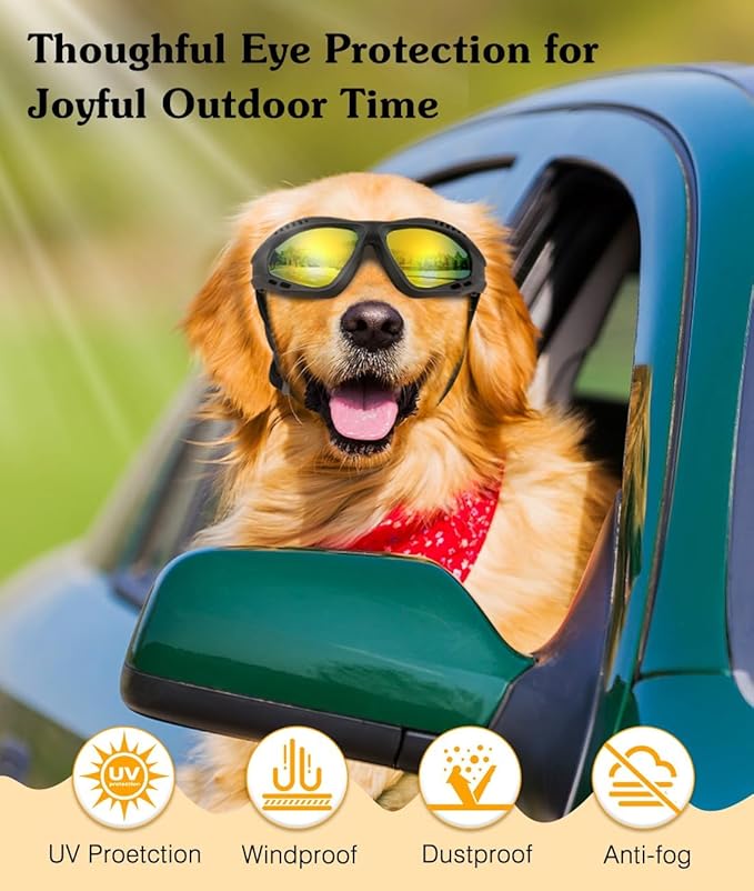 Dog Goggles Large Breed, UV Protection Dog Sunglasses with Sponge Pad and Adjustable Strap, Windproof Dustproof Anti-Fog Eye Protection Glasses for Outdoor Driving Riding, Black-PawvioPets