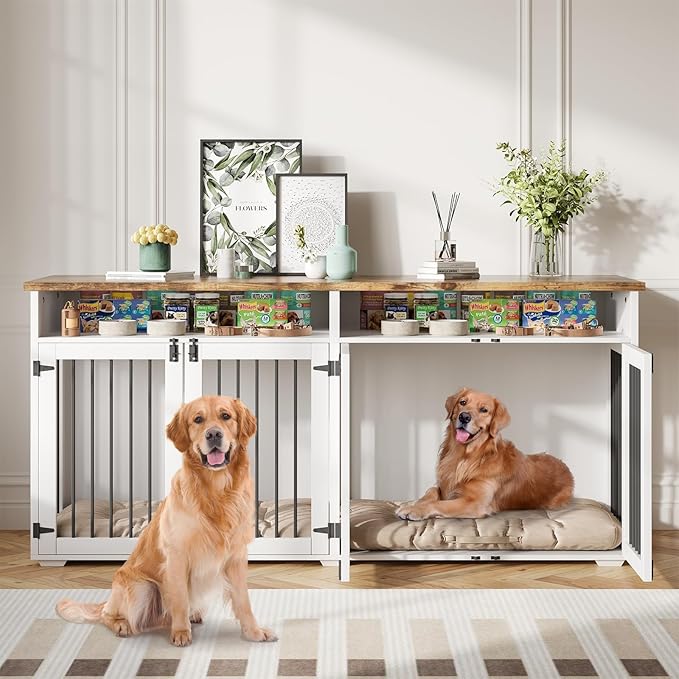 72'' Dog Crate Furniture for 2 Dogs, Wooden Dog Cage with Storage Compartment, Indoor Dog Kennel with 4 Doors for Large/Medium Dogs, White-PawvioPets