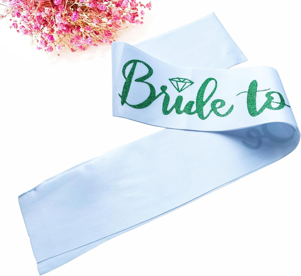 Bride to Be Sash, Bachelorette Party Sash for Bridal Shower Wedding Party Favors Accessories Supplies Engagement Gifts,White Satin with Glitter Letter Green