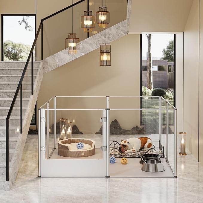 Dog Clear Playpen Fence Kennel: Pet Indoor Heavy Duty Whelping Box Pen Cage with Waterproof whelping pad - Small Animal Acrylic Exercise Kennel Pen with Metal Frame for Cats Puppy Rabbits Guinea Pig-PawvioPets