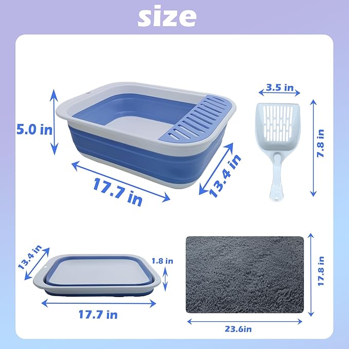 Collapsible Small Cat Litter Box,Open Top Cats Litter Pan with Scoop Foldable Shallow Kitten Potty Toilet Waterproof Cat Travel Litterbox Anti-Splashing Low Entry Semi-Enclosed Easy Clean(Blue)-PawvioPets